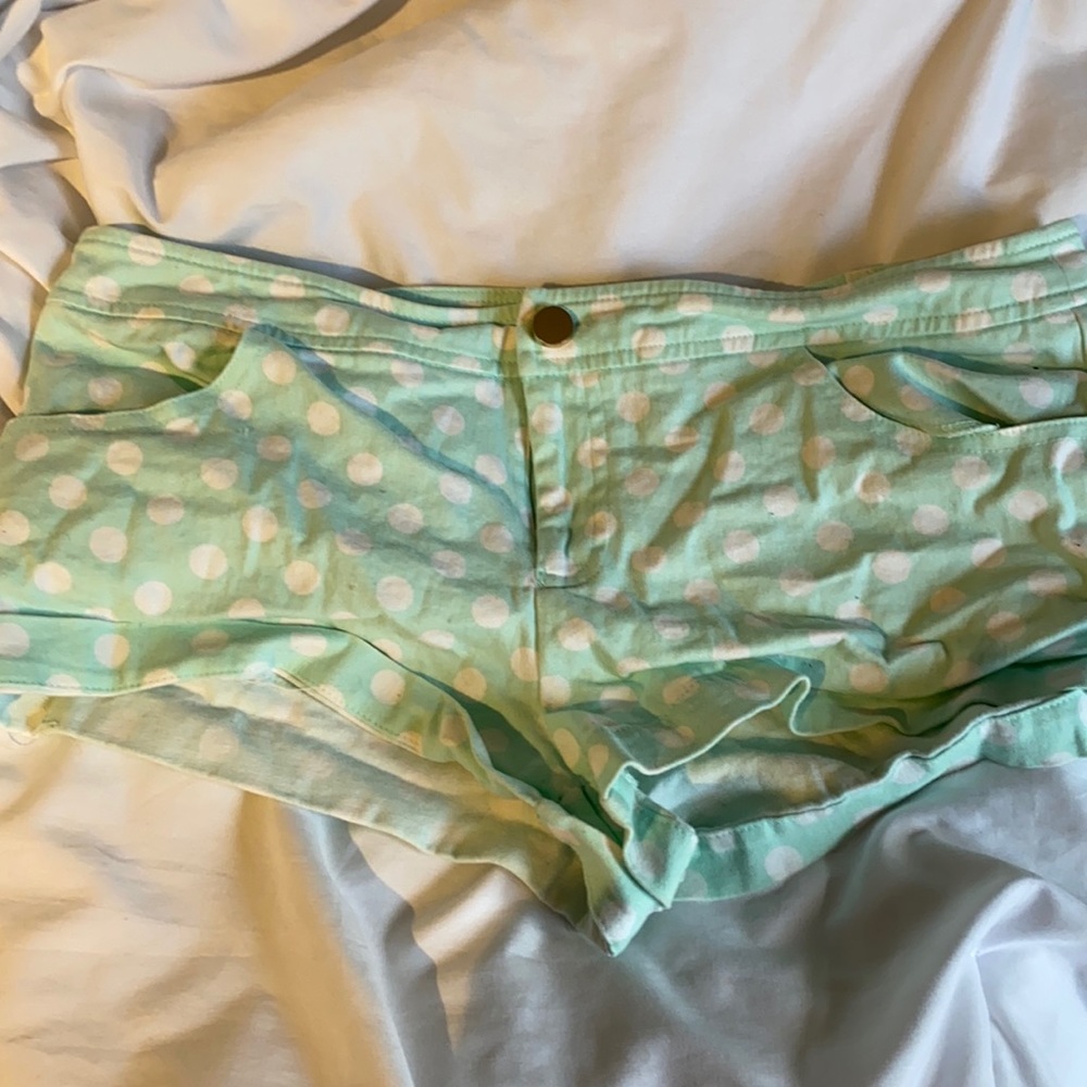teal with white polka dots, soft jean shorts